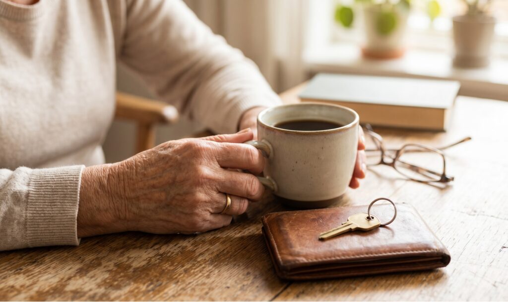 mani rugose di una persona anziana che stringono una tazza di caffè
