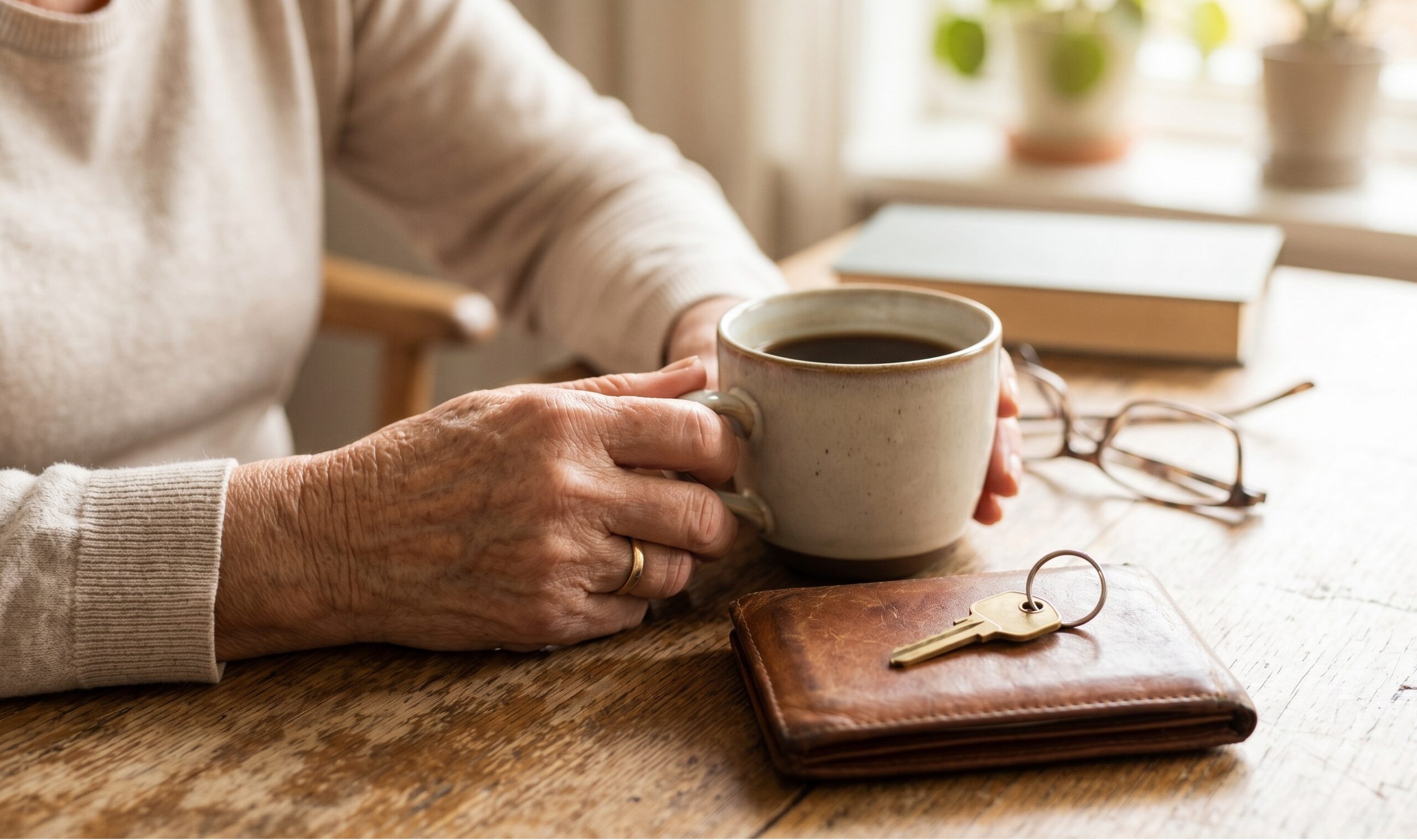 mani rugose di una persona anziana che stringono una tazza di caffè
