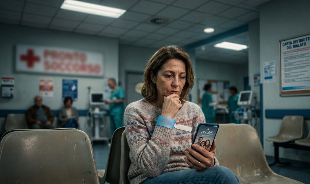 donna stanca su una sedia d'ospedale, con un braccialetto del triage al polso, che guarda con determinazione l'orario sul cellulare