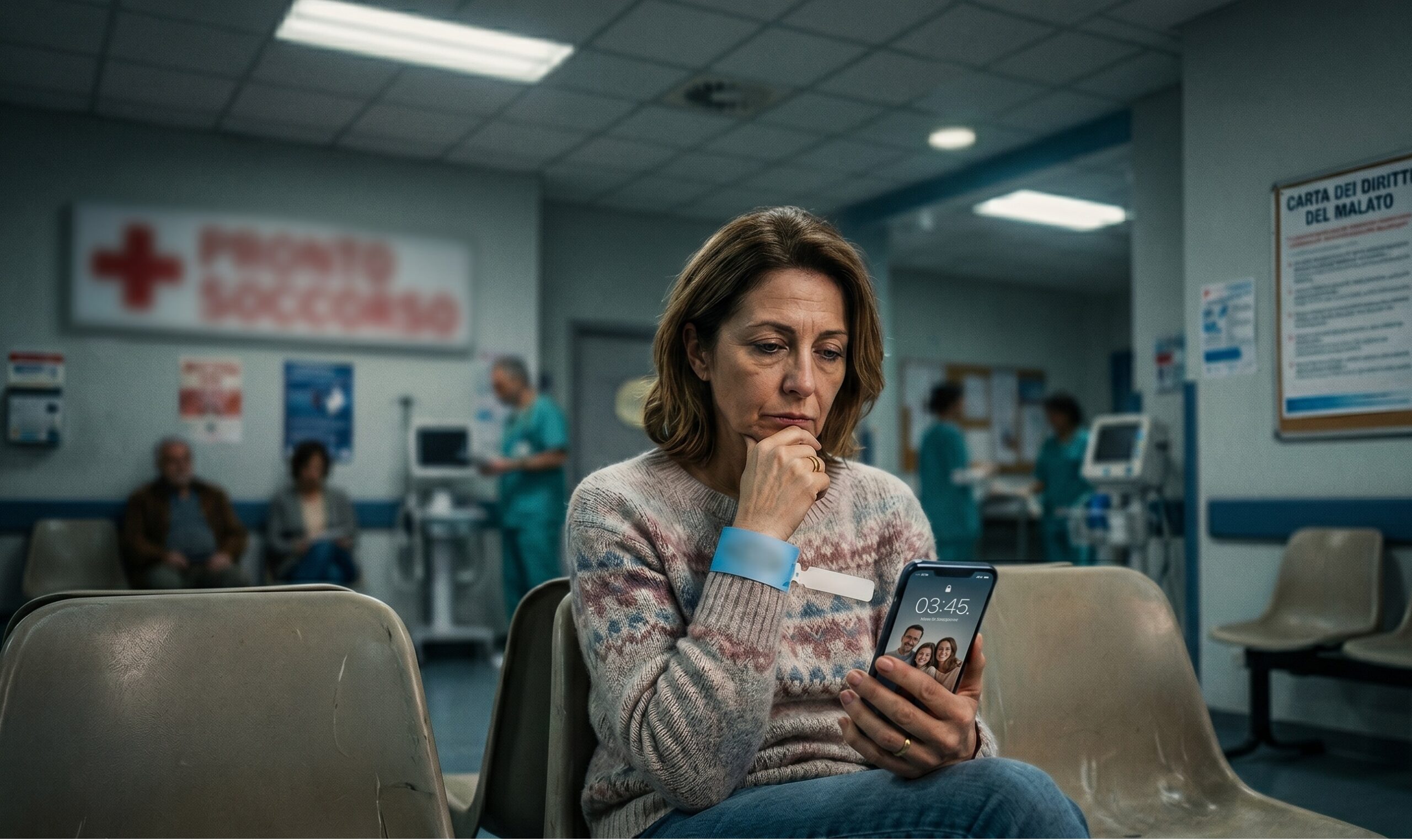 donna stanca su una sedia d'ospedale, con un braccialetto del triage al polso, che guarda con determinazione l'orario sul cellulare