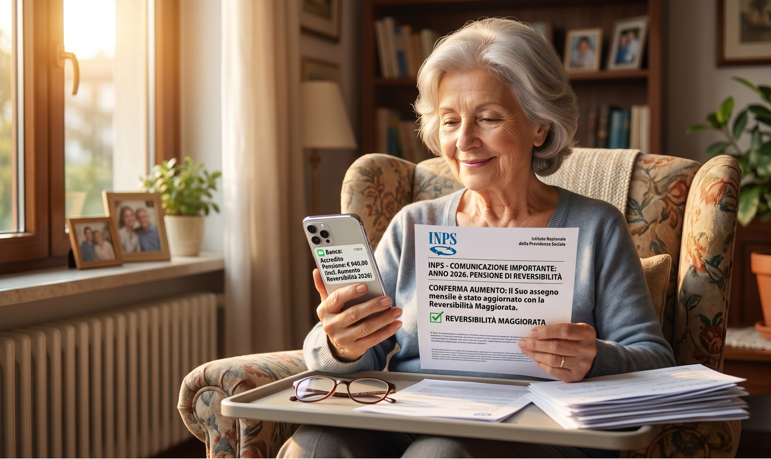 un'anziana seduta in poltrona che guarda con un sorriso sereno il proprio smartphone o un documento