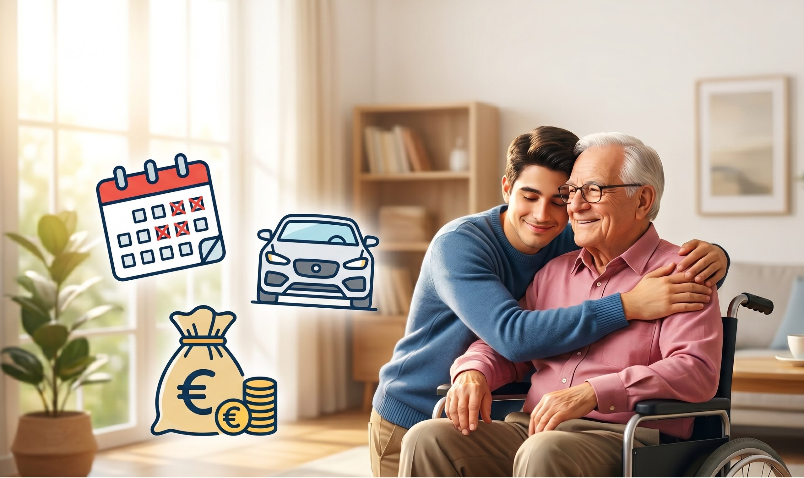 un abbraccio tra un caregiver e un anziano in una casa luminosa