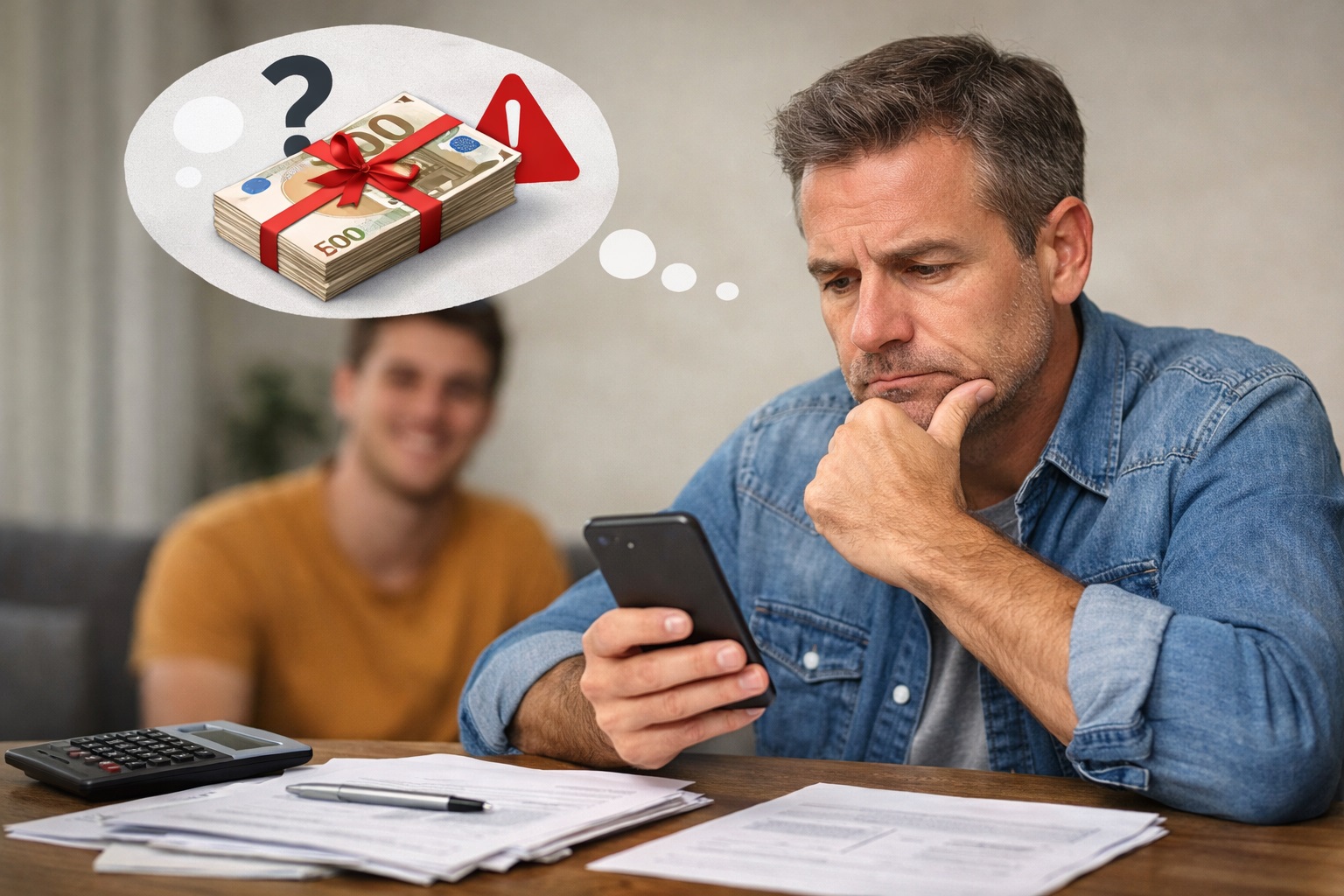 un genitore seduto al tavolo con smartphone in mano mentre sta per fare un bonifico, con espressione indecisa; accanto, il figlio sorridente ma leggermente sfocato sullo sfondo