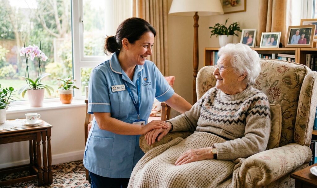Un'assistente familiare sorridente stringe la mano a una donna anziana seduta in poltrona in un ambiente domestico luminoso
