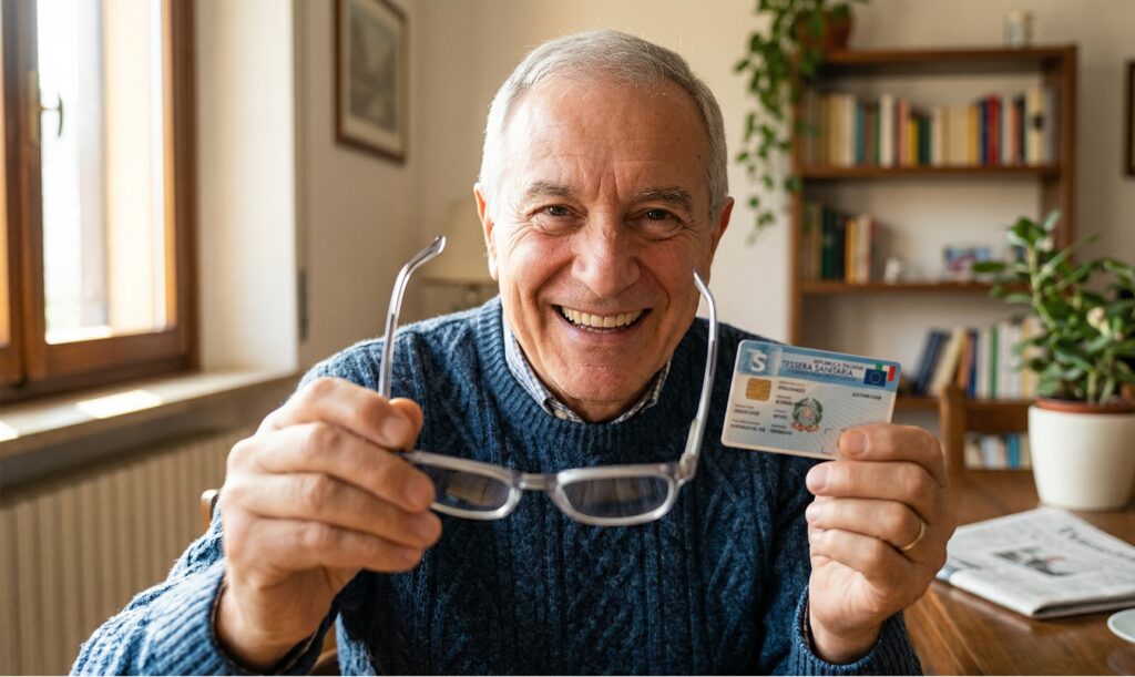 over 65 sorridente che mostra orgogliosamente una tessera sanitaria o un paio di occhiali