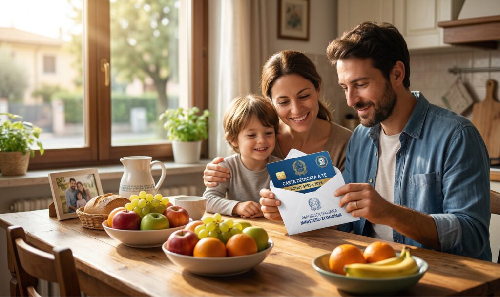 una famiglia che sorride mentre apre la busta ufficiale contenente la nuova social card