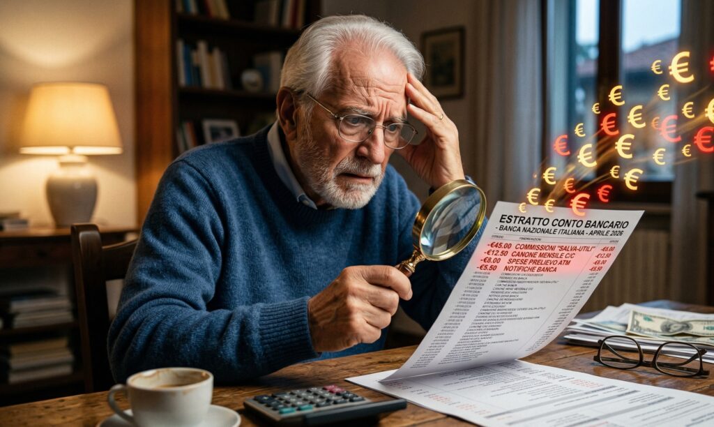 Un uomo anziano preoccupato mentre osserva con una lente d'ingrandimento un estratto conto bancario pieno di scritte rosse e simboli dell'euro che volano via