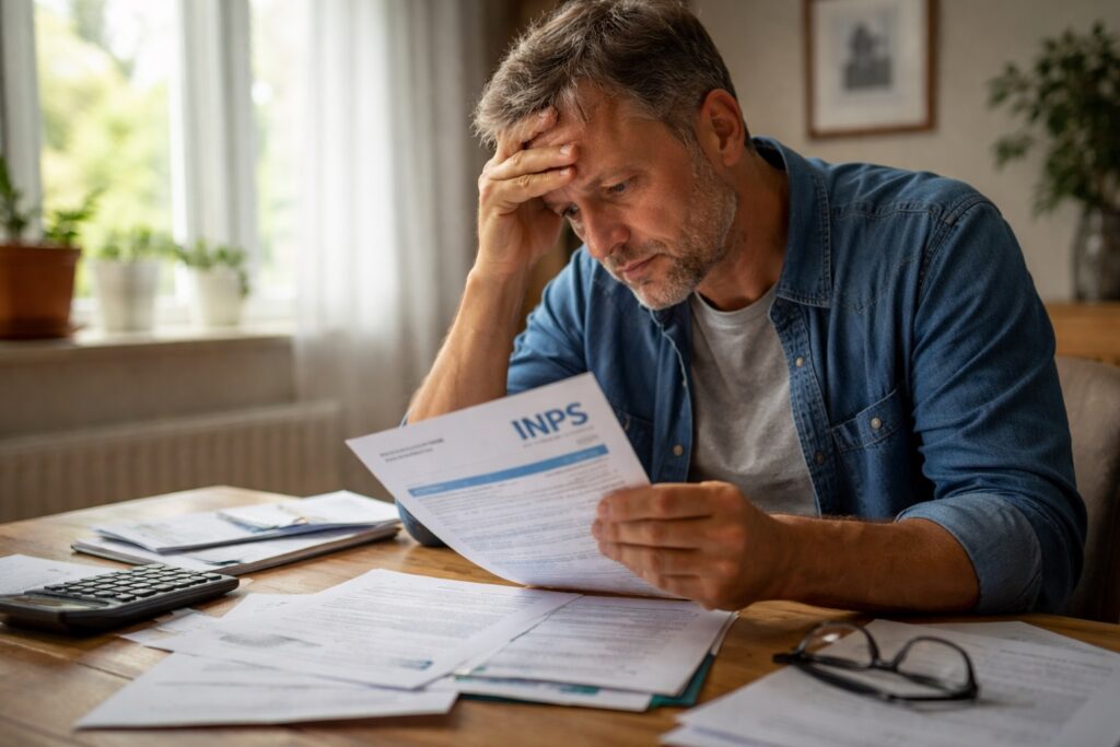 una persona seduta al tavolo con documenti INPS sparsi, espressione dubbiosa, luce naturale, atmosfera leggermente malinconica