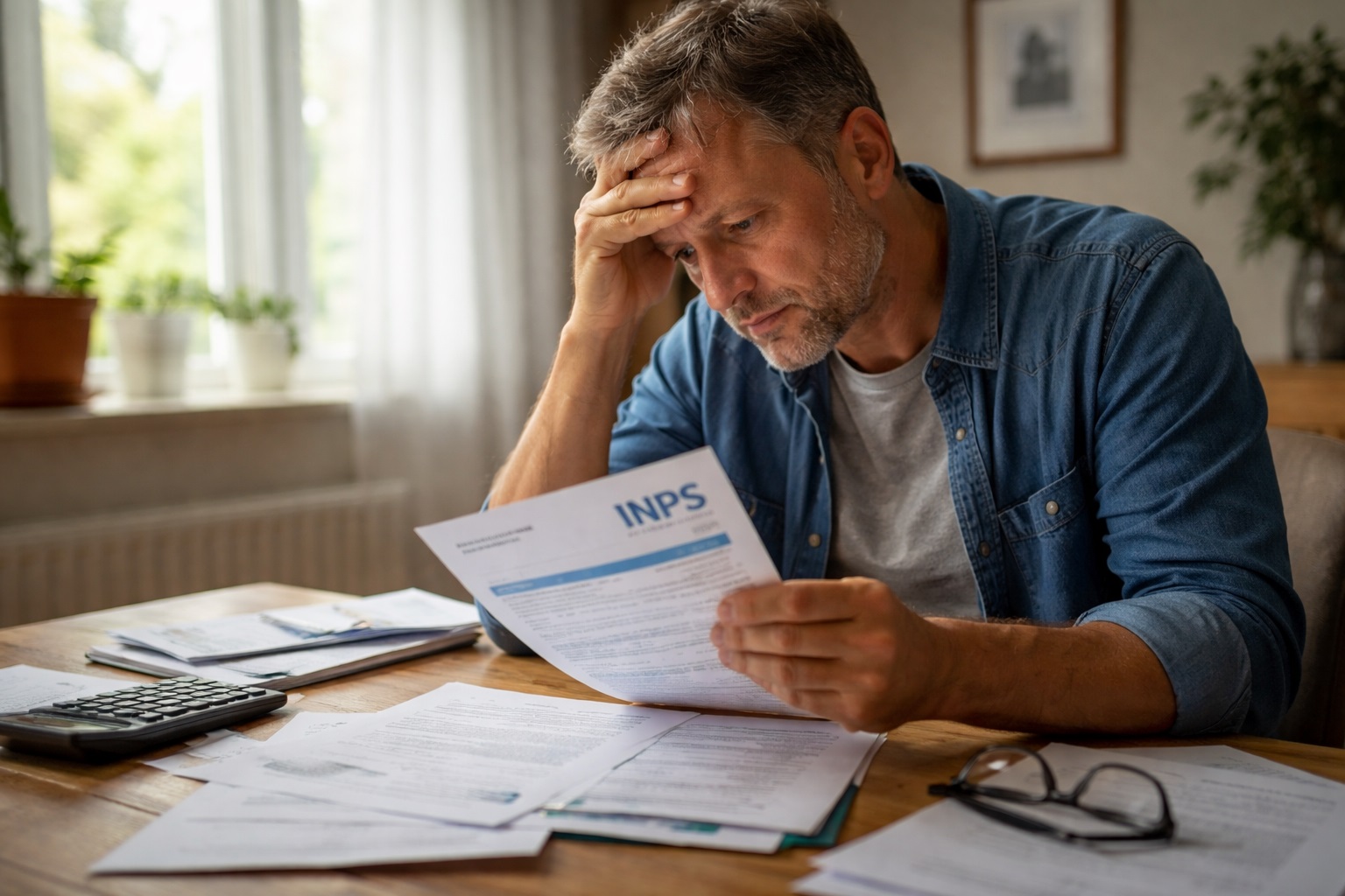 una persona seduta al tavolo con documenti INPS sparsi, espressione dubbiosa, luce naturale, atmosfera leggermente malinconica
