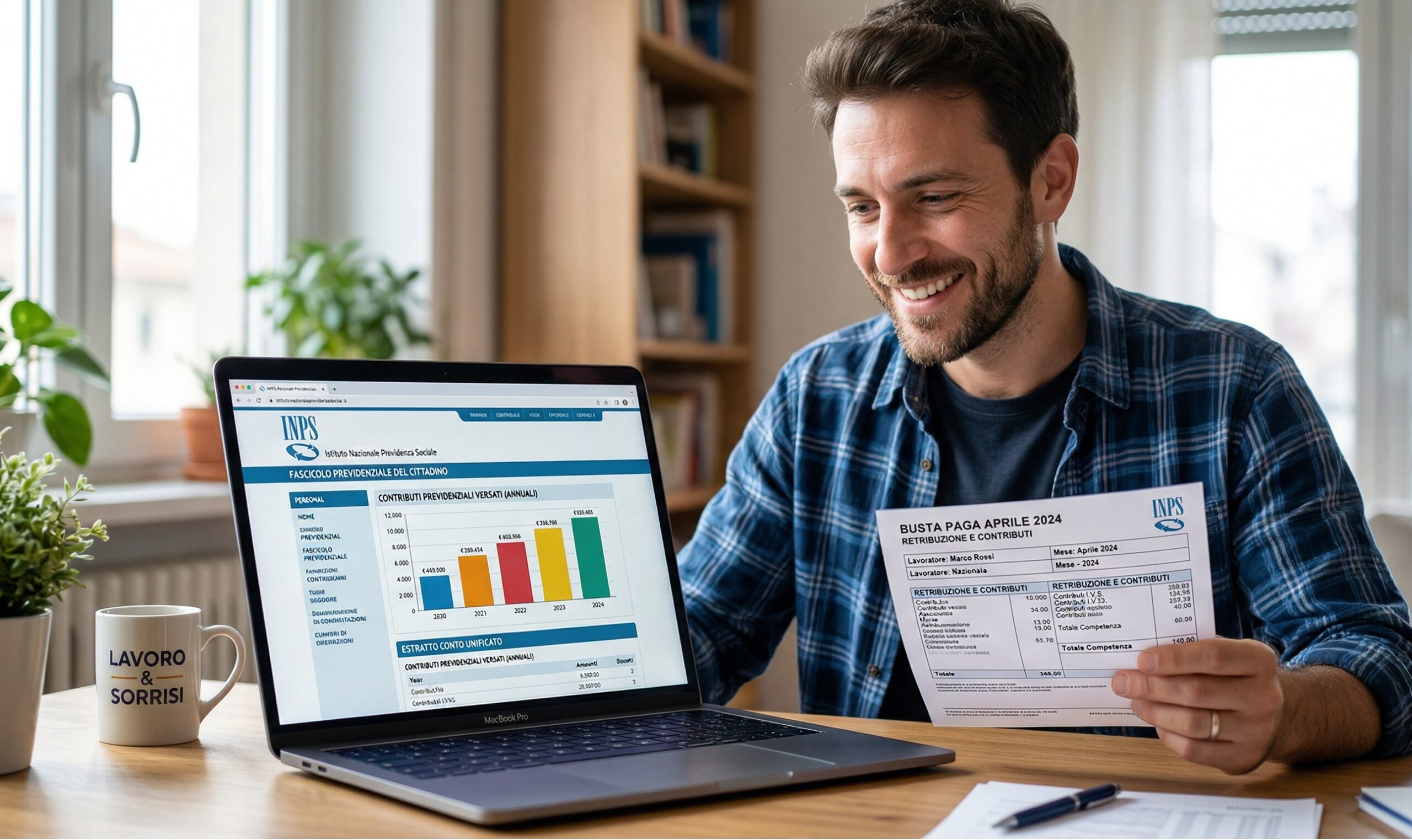 Un lavoratore sorridente controlla la propria busta paga cartacea mentre sullo schermo di un laptop è aperto il sito ufficiale dell'INPS con il grafico dei contributi.