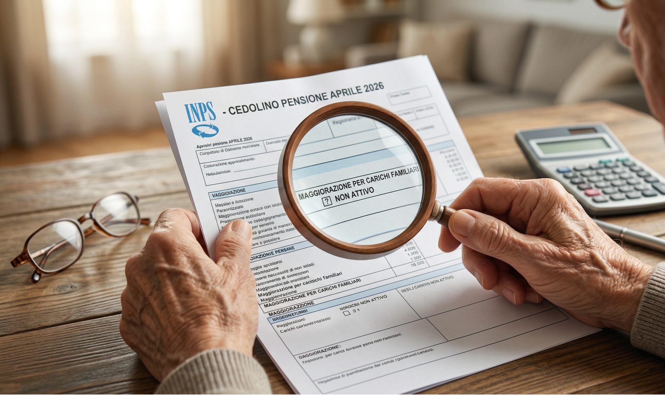 delle mani di un pensionato che tiene una lente d'ingrandimento sopra un documento dell'INPS, con accanto una calcolatrice e un paio di occhiali