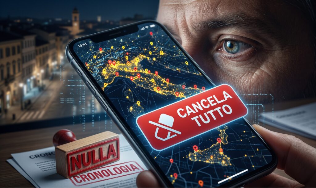 un occhio riflesso nello schermo di uno smartphone che mostra una mappa notturna con molti puntini luminosi, con una mano che preme un pulsante con la scritta "Cancella tutto"