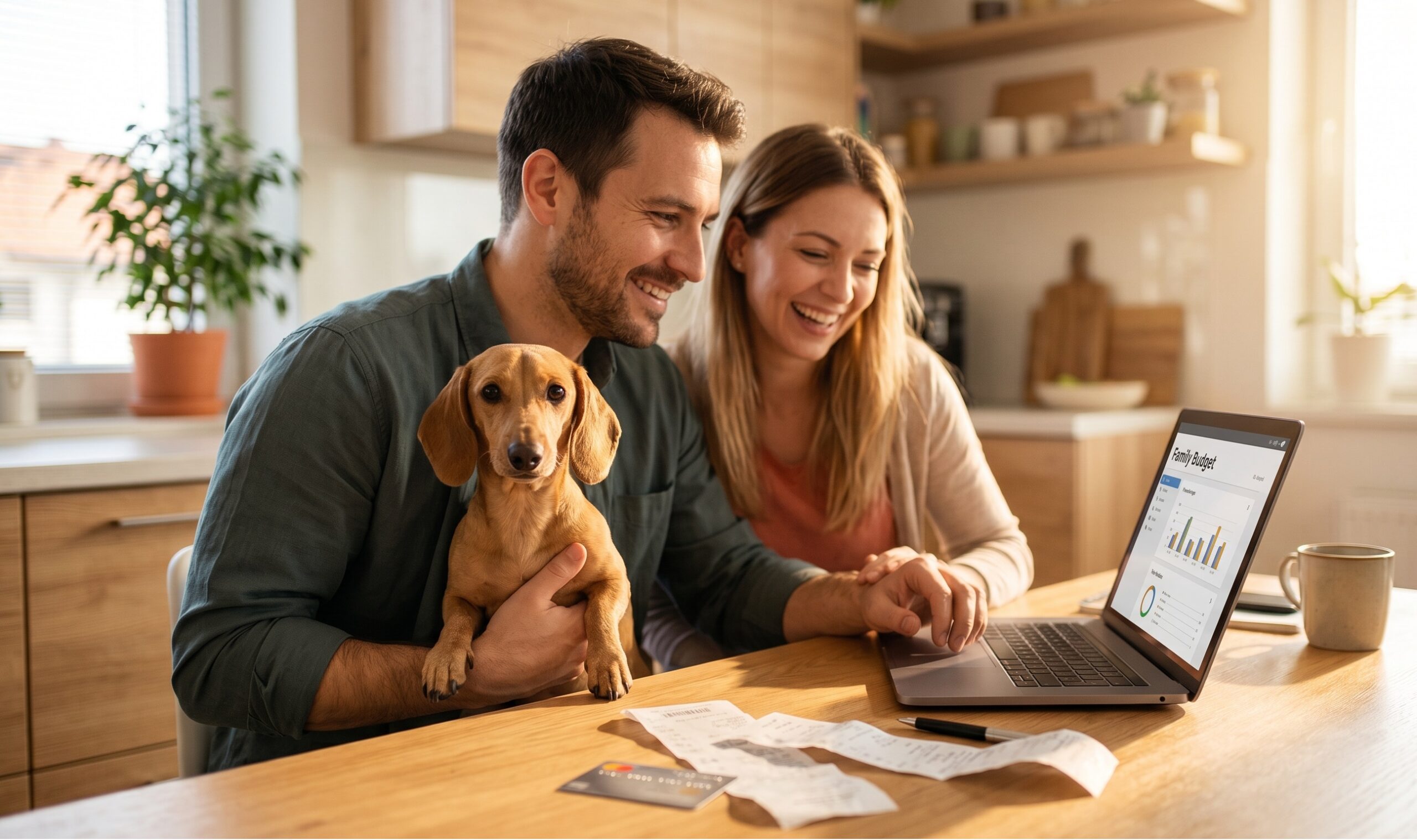 un uomo e una donna sorridenti in una cucina luminosa, mentre guardano lo schermo di un laptop. L'uomo ha in braccio un cane di piccola taglia che li fissa