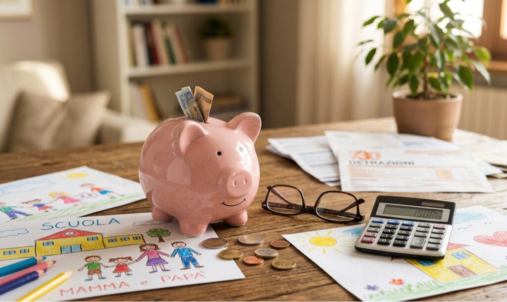 un primo piano di un salvadanaio a forma di porcellino con accanto degli occhiali, una calcolatrice e dei disegni infantili colorati