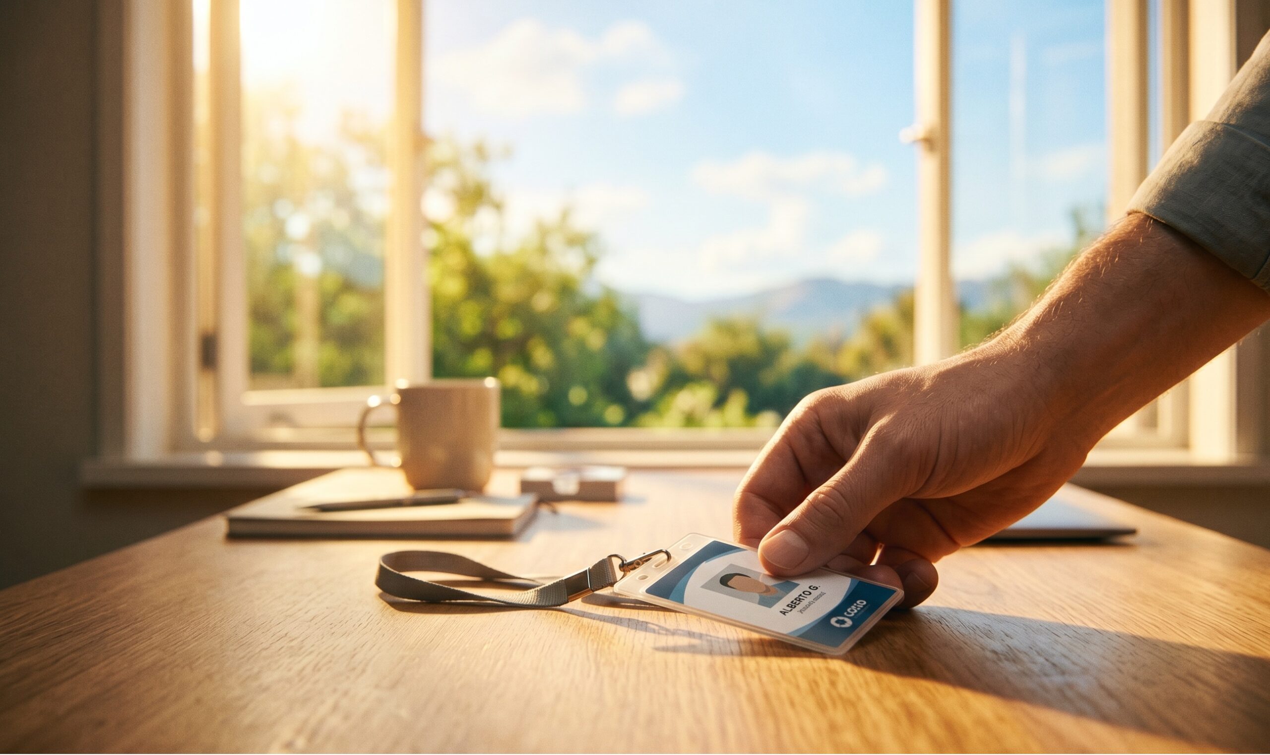 una mano che posa un badge su una scrivania