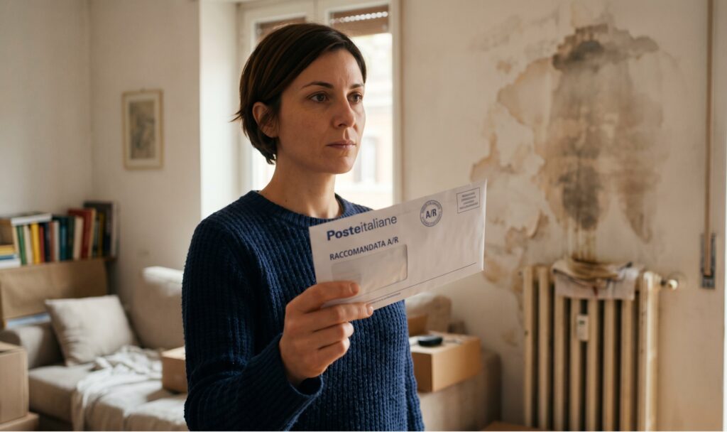 una donna determinata che tiene in mano una lettera raccomandata ufficiale, con lo sfondo sfocato di una stanza che presenta un evidente guasto