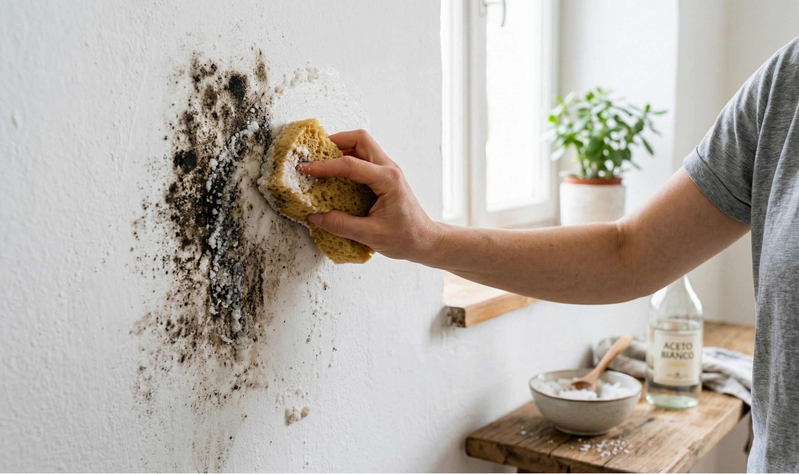 Una mano che utilizza una spugna con una pasta di sale e aceto per pulire una macchia di muffa scura da una parete bianca di casa.