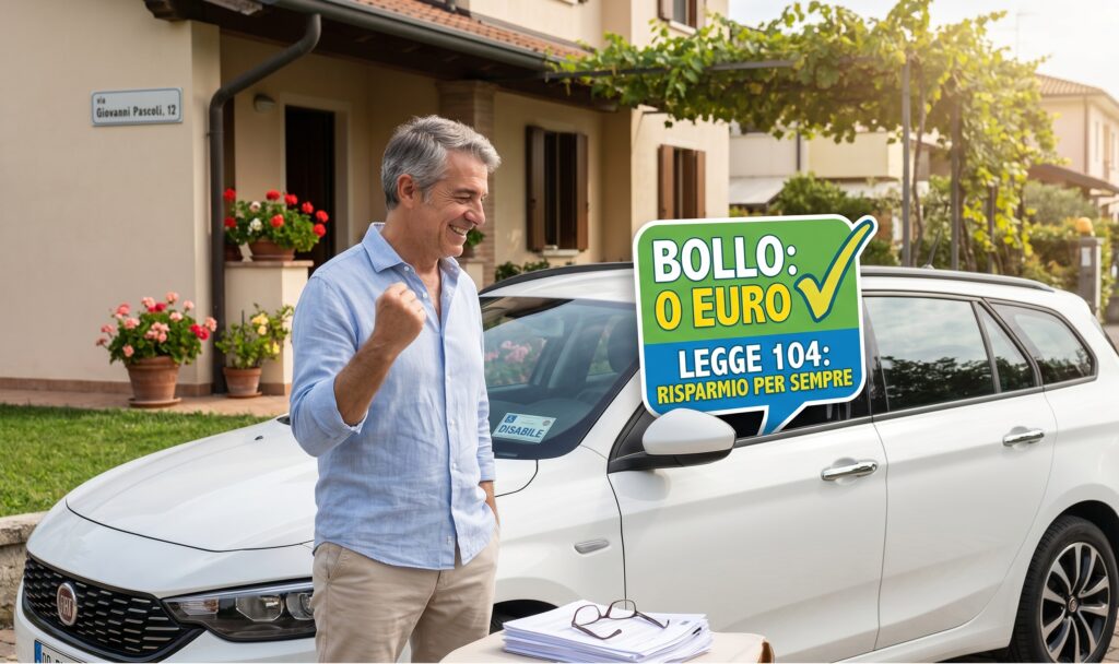 Un'auto parcheggiata davanti a una casa accogliente, con un cartello colorato che spunta dal finestrino con la scritta "Bollo: 0 Euro" e una persona che accenna un gesto di vittoria