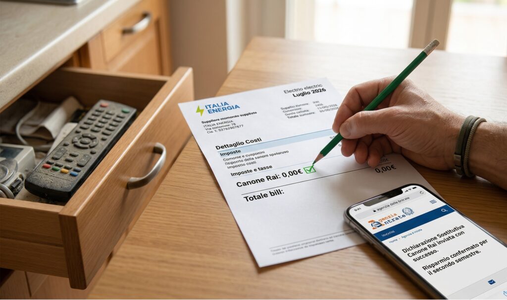 un telecomando della tv coperto da un velo di polvere o messo dentro un cassetto, con una bolletta della luce in primo piano dove si legge chiaramente "Canone 0€