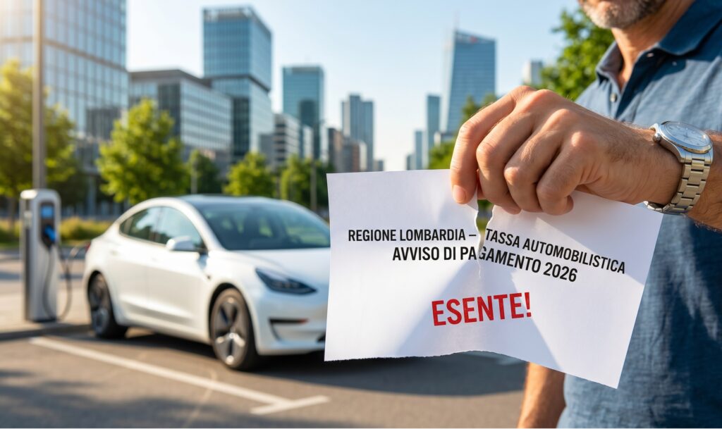 Una mano che strappa simbolicamente un avviso di pagamento del bollo auto, con sullo sfondo una città moderna e un'auto ecologica che brilla sotto il sole