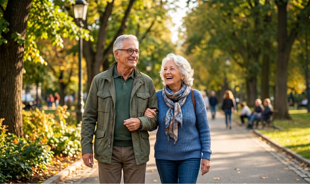 Una coppia di over 65 che cammina felice in un parco