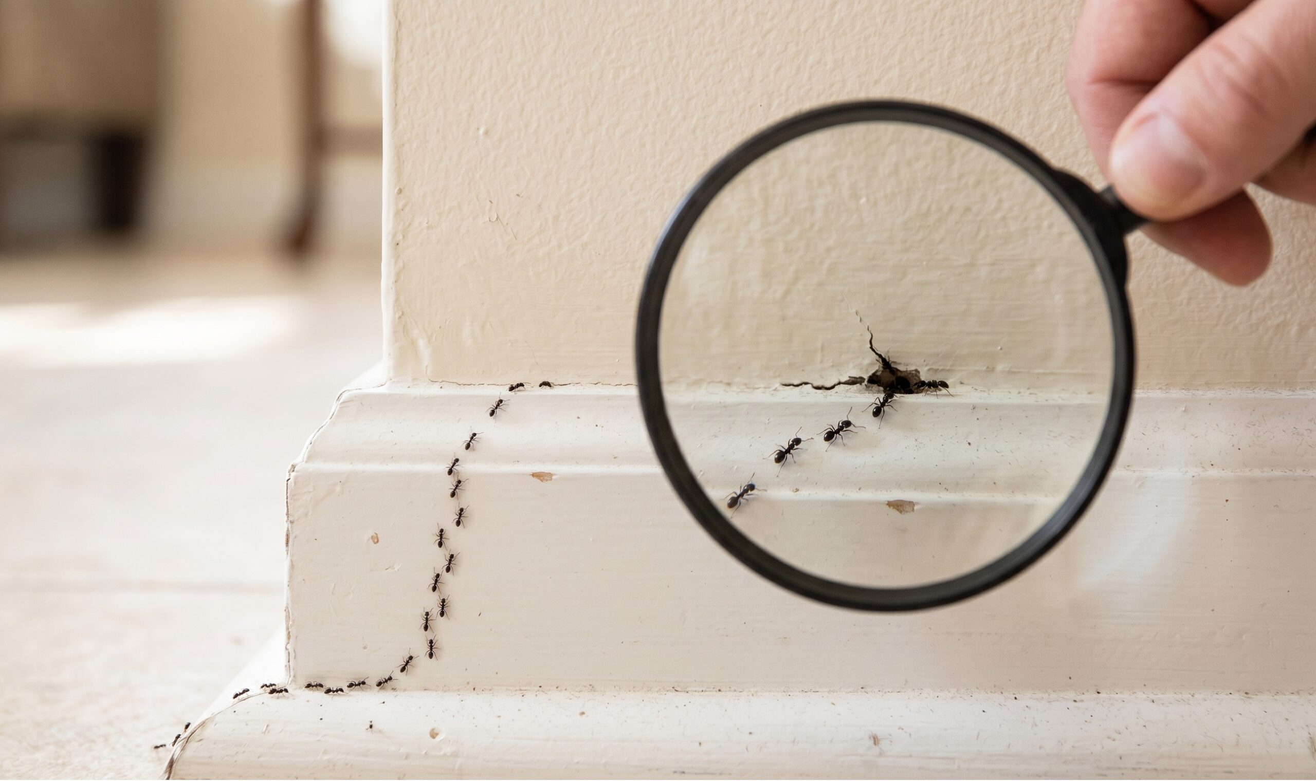 una lente d'ingrandimento puntata su una piccola fessura tra un battiscopa di legno e un muro bianco, con un paio di formiche esploratrici che fanno capolino