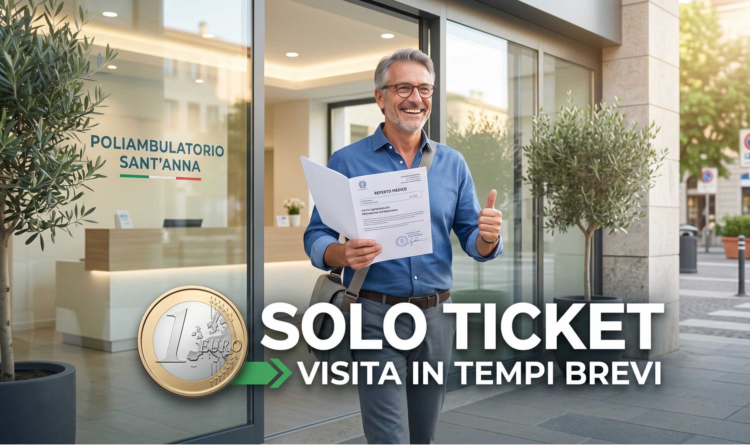 Una persona che esce da una clinica privata moderna e luminosa, sorridendo e tenendo in mano un referto medico