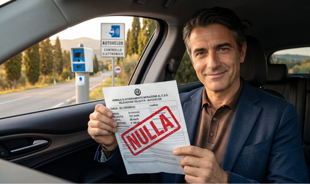 Un automobilista che sorride guardando un verbale di una multa, con l'immagine di un autovelox sullo sfondo e un grande timbro rosso "NULLA" che colpisce il foglio