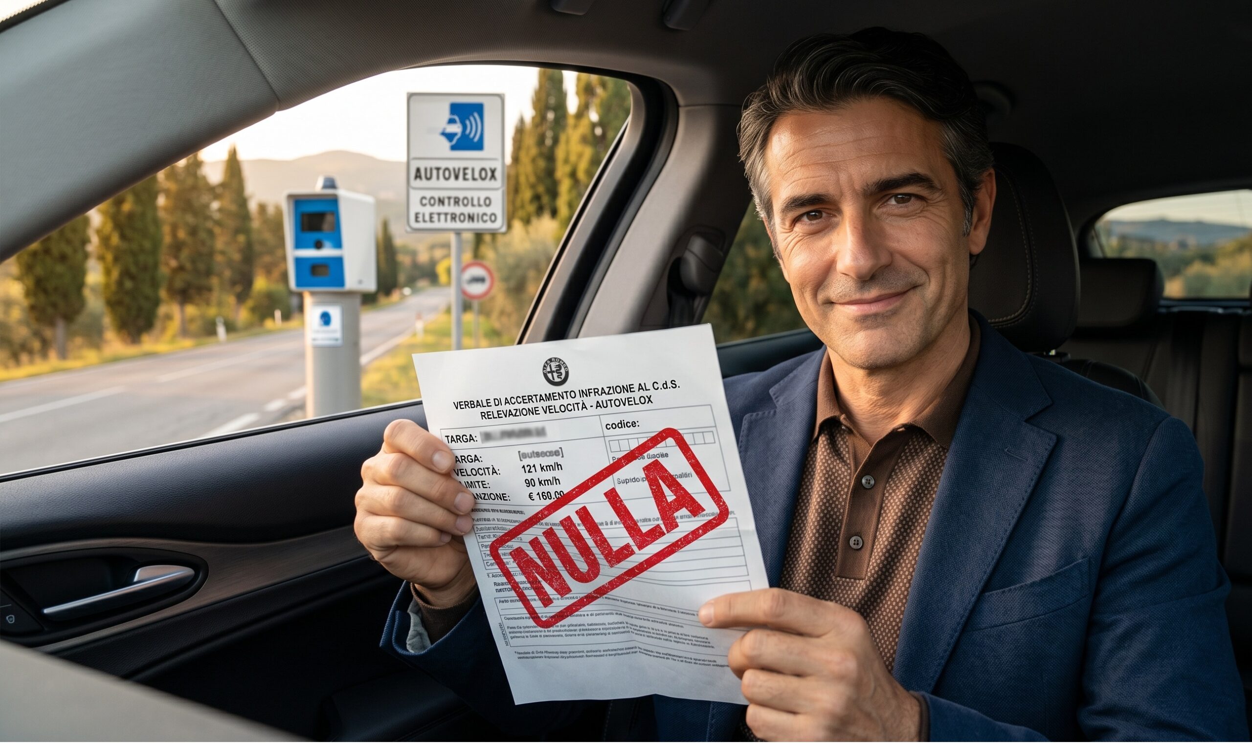 Un automobilista che sorride guardando un verbale di una multa, con l'immagine di un autovelox sullo sfondo e un grande timbro rosso "NULLA" che colpisce il foglio