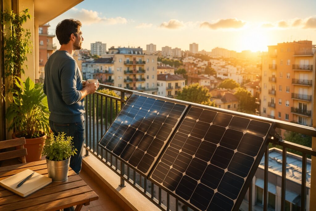 un balcone cittadino con una persona che osserva i pannelli fotovoltaici mentre entra luce calda del sole