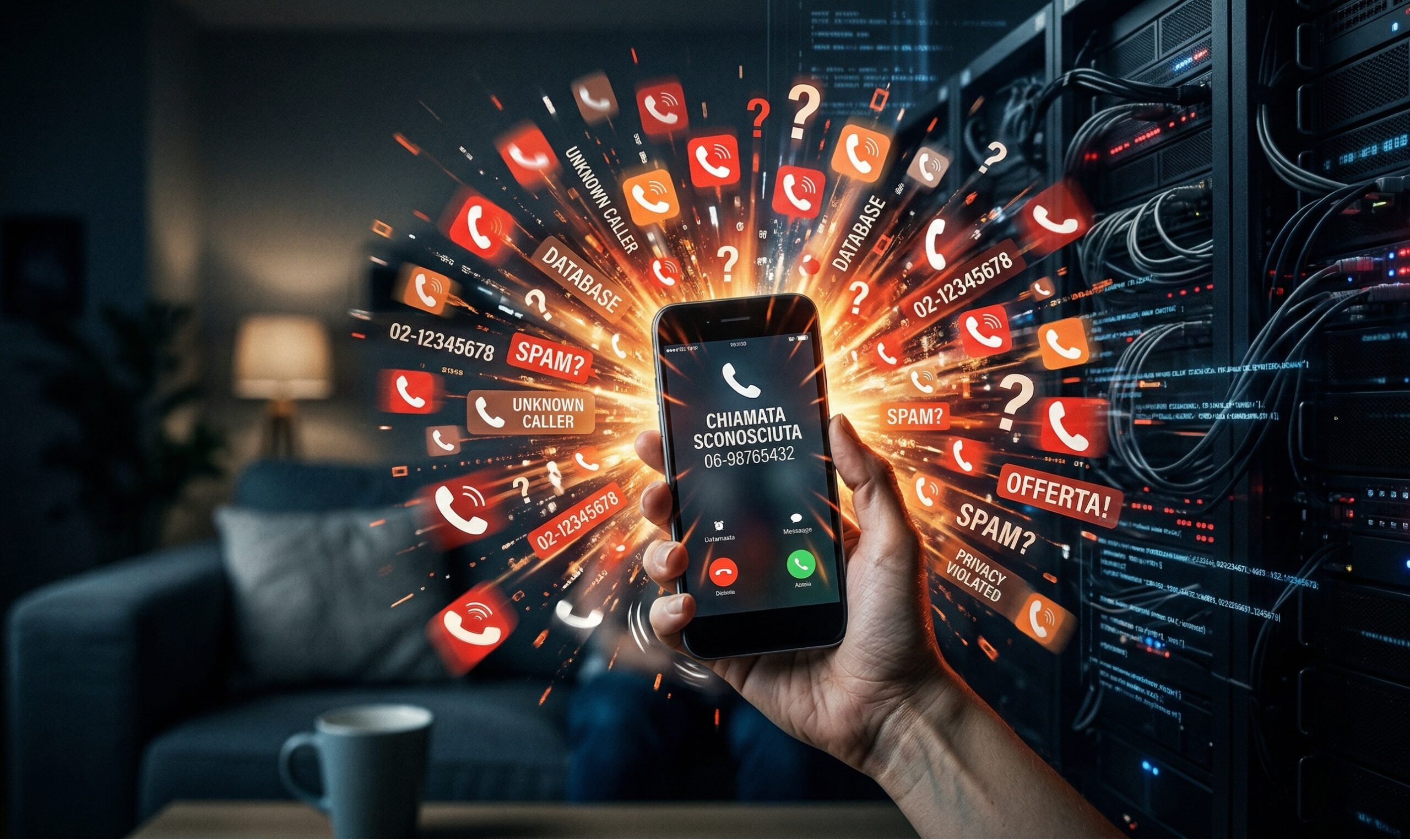 un telefono cellulare che "esplode" di notifiche e icone di cornette telefoniche, circondato da un'ombra scura che rappresenta i server dei call center