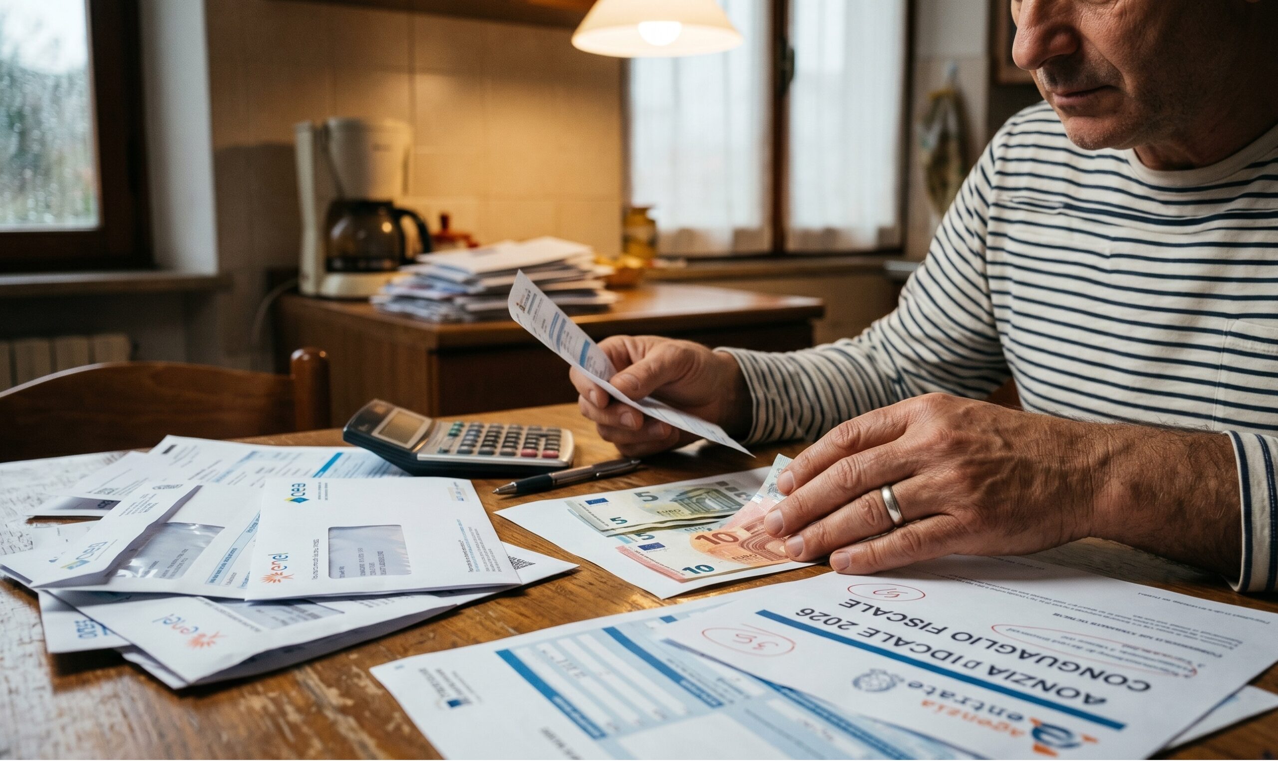 un primo piano di mani che contano poche banconote su un tavolo pieno di bollette e moduli fiscali