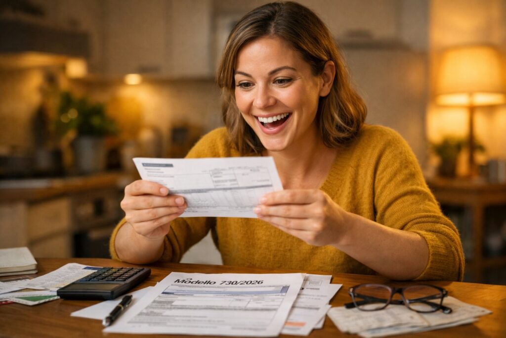 una lavoratrice seduta al tavolo di casa, con una busta paga tra le mani e un’espressione di sorpresa positiva. Sul tavolo documenti fiscali e un modello 730 appena compilato