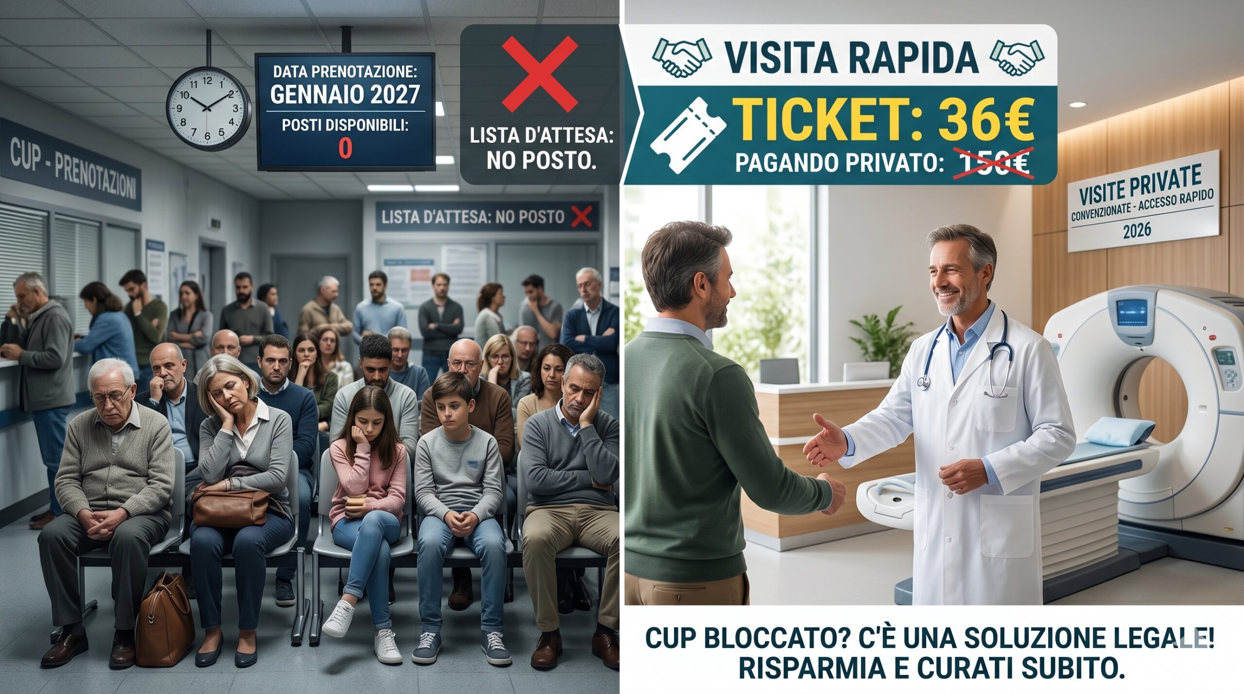 Da un lato una sala d'attesa grigia e affollata, dall'altro un medico sorridente che accoglie il paziente in uno studio moderno