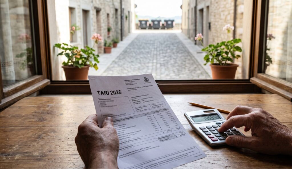 Una mano che tiene una bolletta e una calcolatrice, con dei bidoni della spazzatura sfocati in fondo a una strada lunga