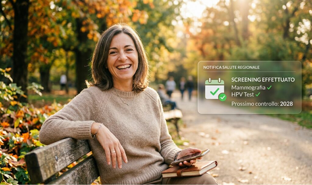 una donna di circa 45 anni con un'espressione serena e vitale, immersa in una luce calda e naturale. Accanto a lei, un elemento grafico discreto che richiama un calendario o una notifica digitale di "controllo effettuato