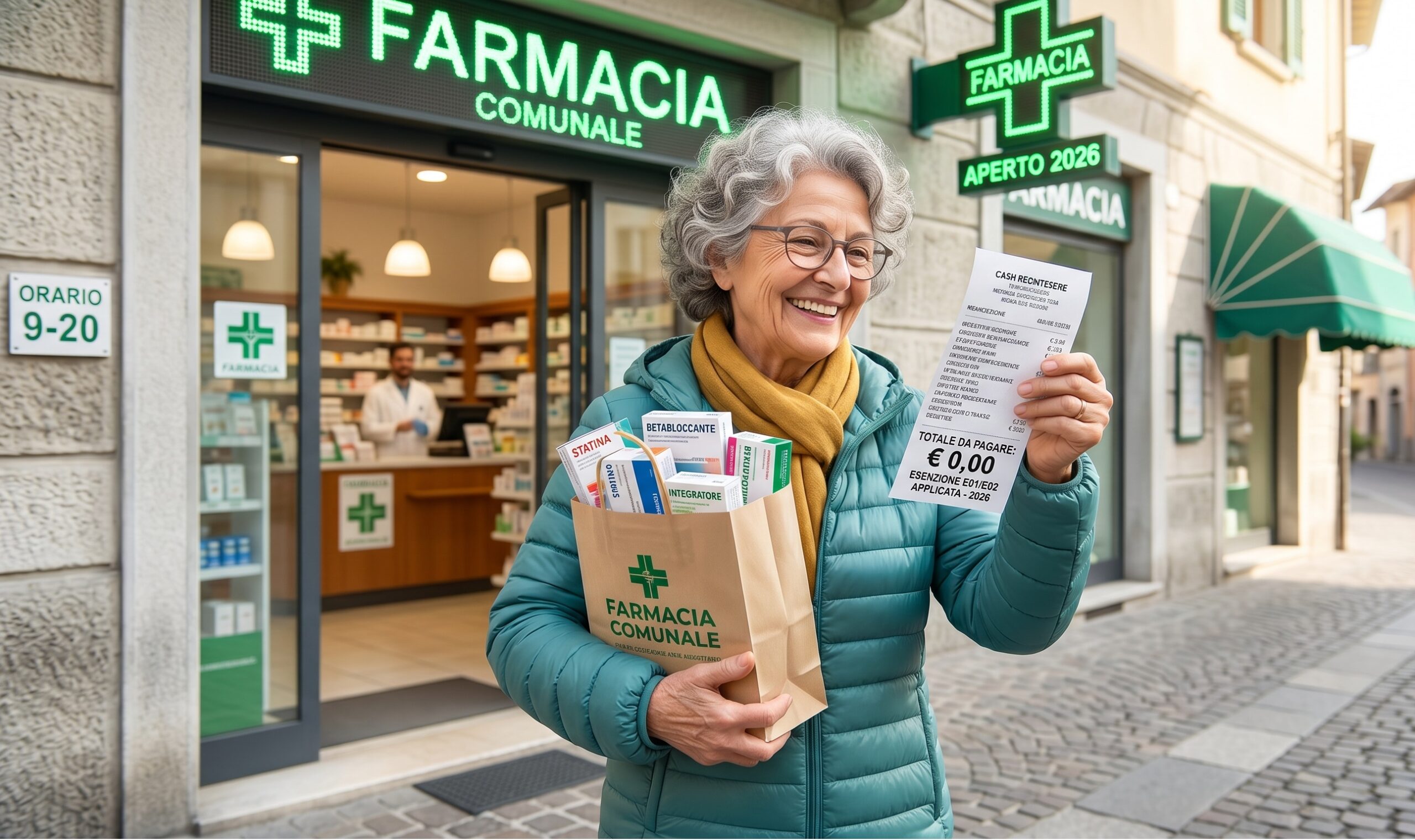 Una persona anziana sorridente che esce da una farmacia con un sacchetto di medicine, mentre guarda con sollievo lo scontrino che segna zero euro