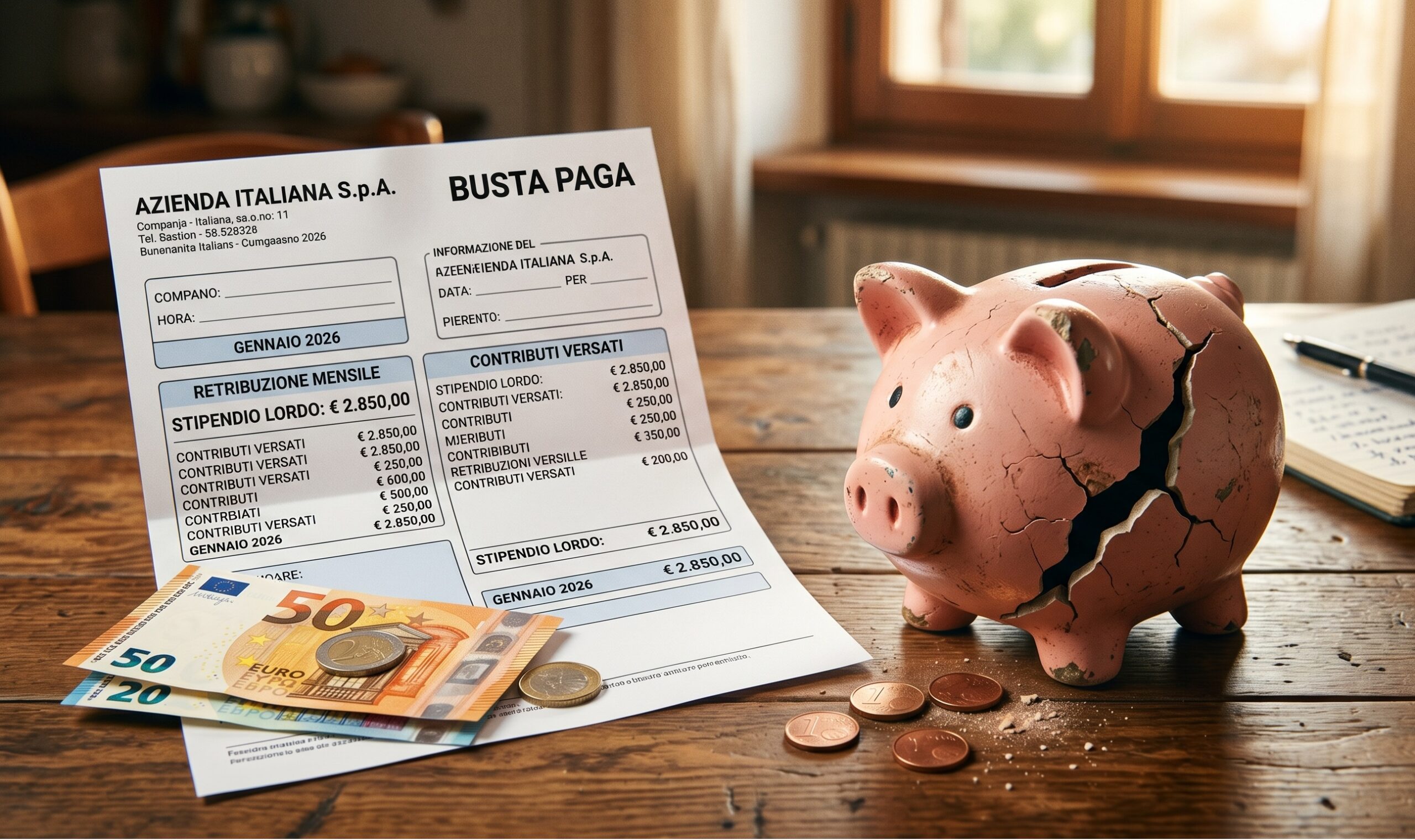 da un lato una busta paga rigogliosa e dall'altro un salvadanaio di ceramica a forma di maialino con una crepa profonda da cui escono poche monete