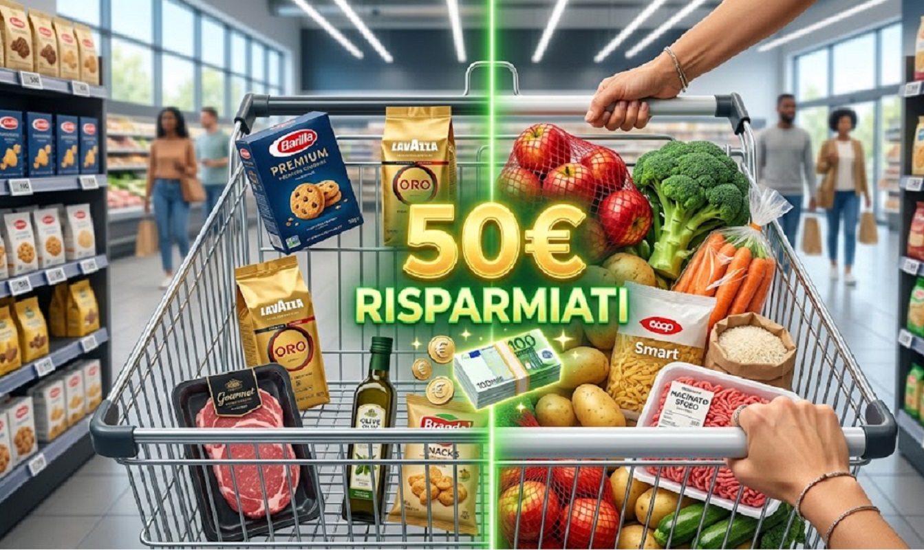 un carrello della spesa diviso a metà: da una parte pochi prodotti costosi e di marca, dall'altra molti prodotti freschi, sfusi e convenienti. Al centro, la scritta "50€ risparmiati" che brilla