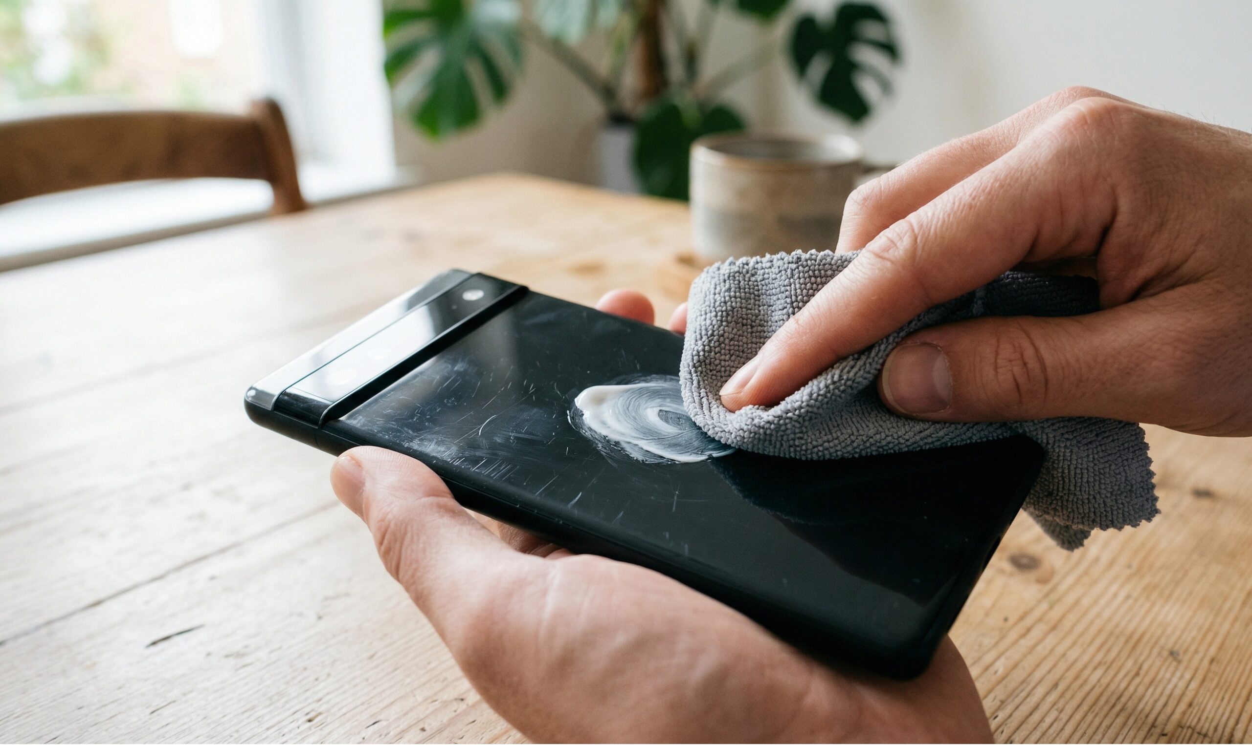 Primo piano di una mano che strofina delicatamente un panno in microfibra su uno schermo di smartphone con un segno di pasta bianca, per rimuovere i graffi dal vetro.