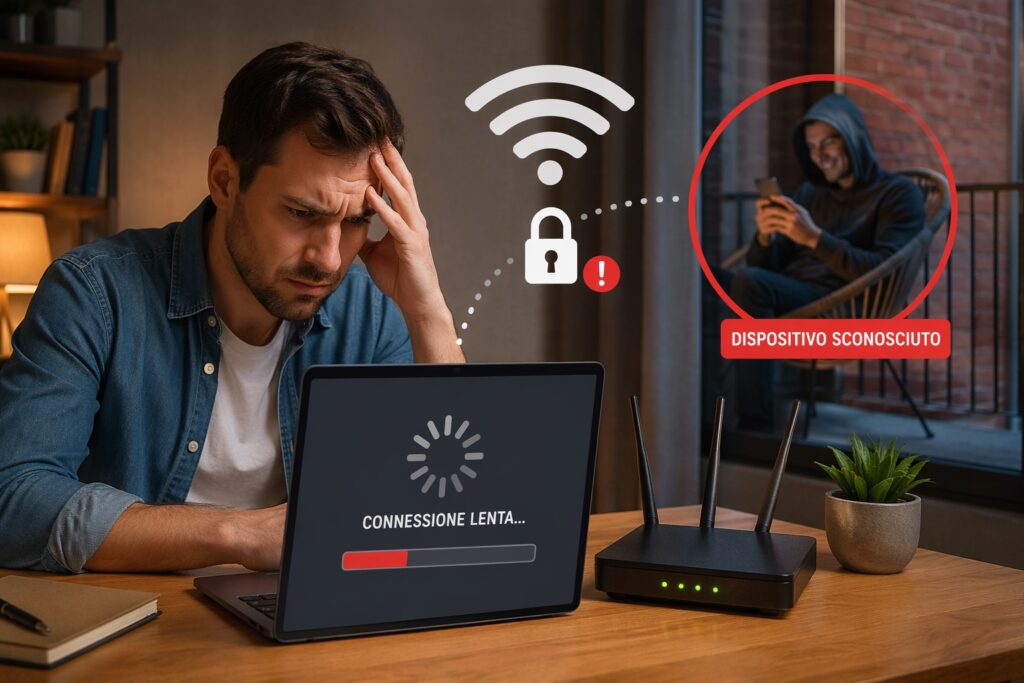 una persona frustrata davanti al computer lento mentre sullo sfondo un vicino usa lo smartphone collegato alla stessa rete Wi-Fi senza autorizzazione