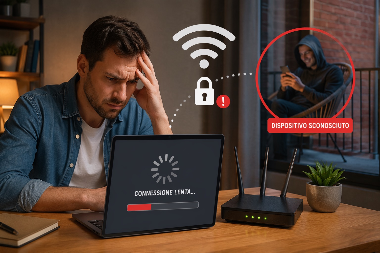 una persona frustrata davanti al computer lento mentre sullo sfondo un vicino usa lo smartphone collegato alla stessa rete Wi-Fi senza autorizzazione
