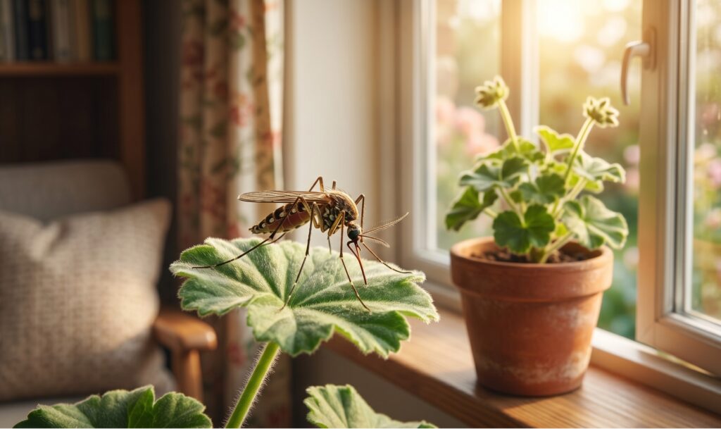 una zanzara che si riposa su una foglia di geranio