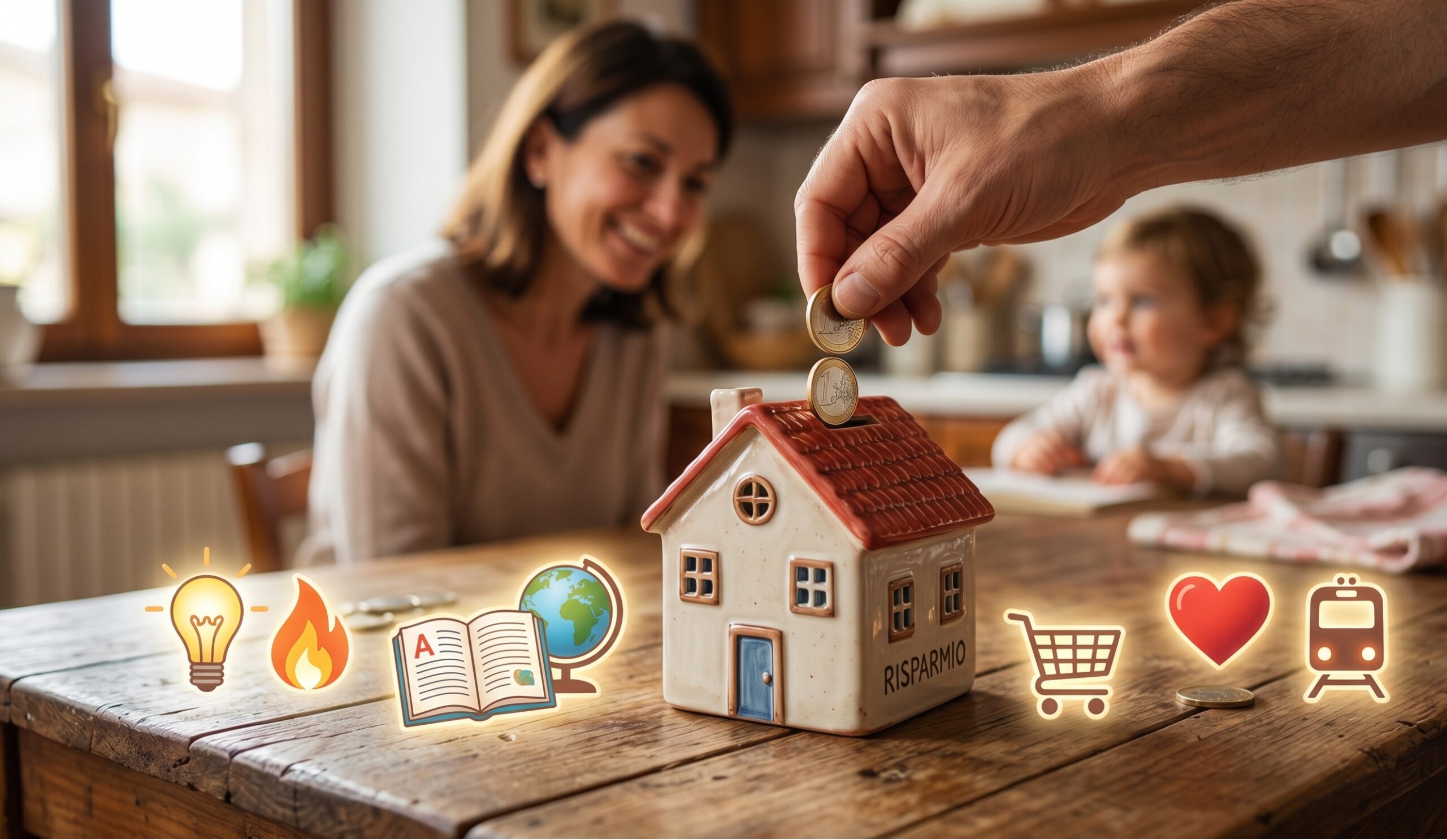 una mano che ripone con cura delle monete in un salvadanaio a forma di casa, circondata da icone stilizzate che rappresentano luce, gas, libri scolastici e un cuore