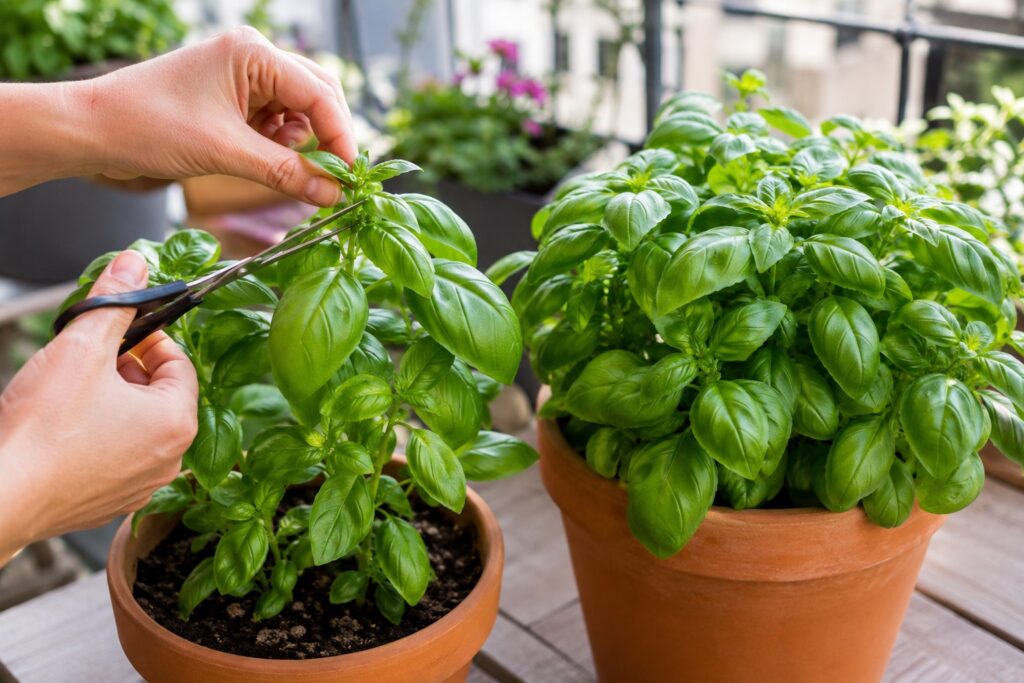 Mano che cima una pianta di basilico in vaso tagliando il rametto sopra una coppia di foglie, con nuovi germogli verdi e pianta folta sul balcone.