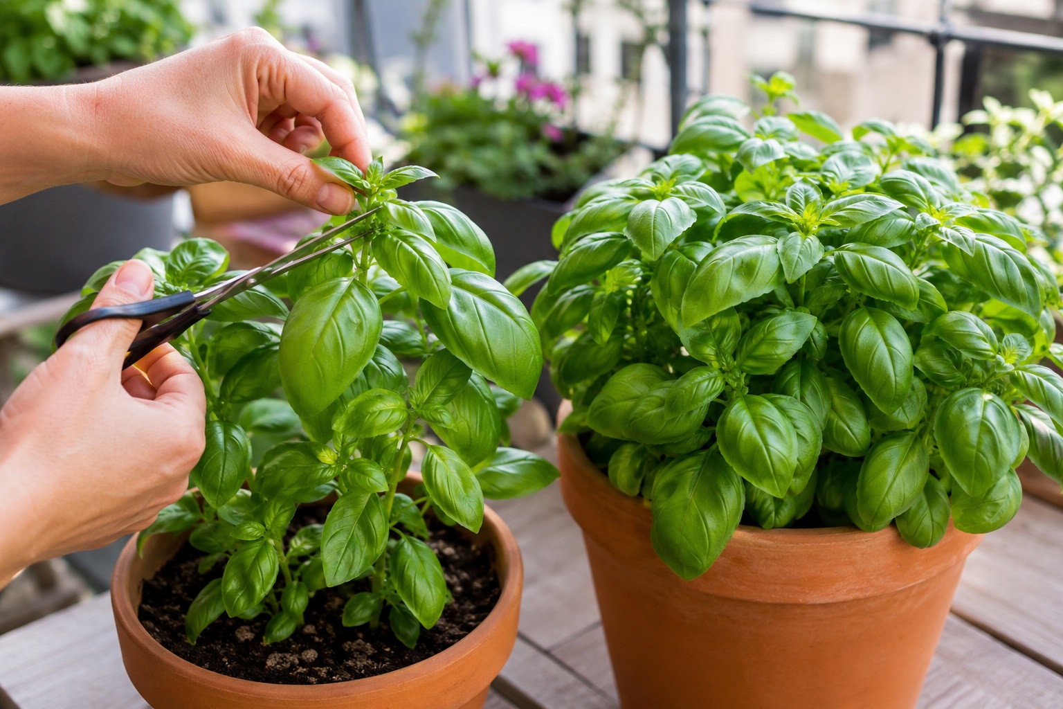 Mano che cima una pianta di basilico in vaso tagliando il rametto sopra una coppia di foglie, con nuovi germogli verdi e pianta folta sul balcone.