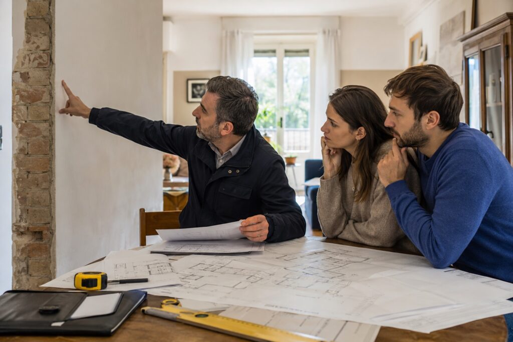 Tecnico controlla le planimetrie di una casa mentre una coppia osserva una parete interna modificata.