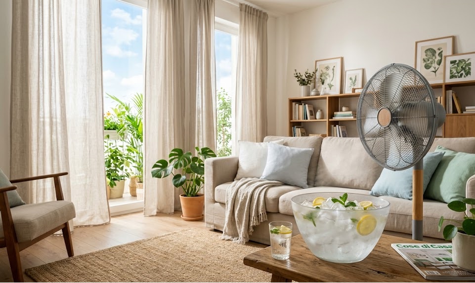 n salotto luminoso e fresco con tende chiare accostate e un ventilatore acceso accanto a una ciotola di ghiaccio