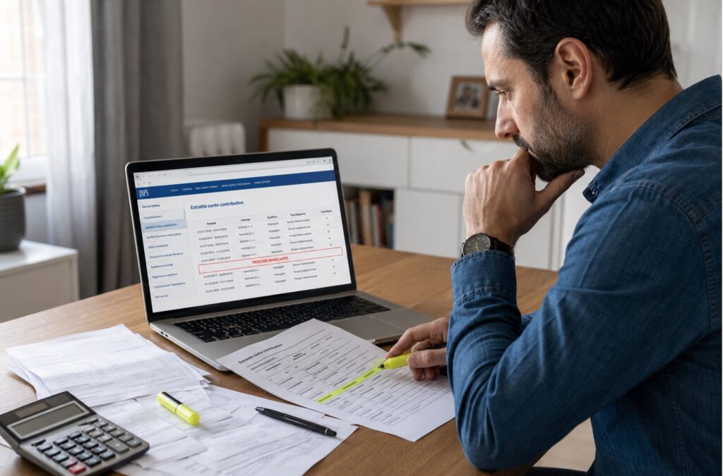 Persona adulta davanti al computer mentre controlla l’estratto conto contributivo INPS, con buste paga e documenti sul tavolo, espressione concentrata e preoccupata.