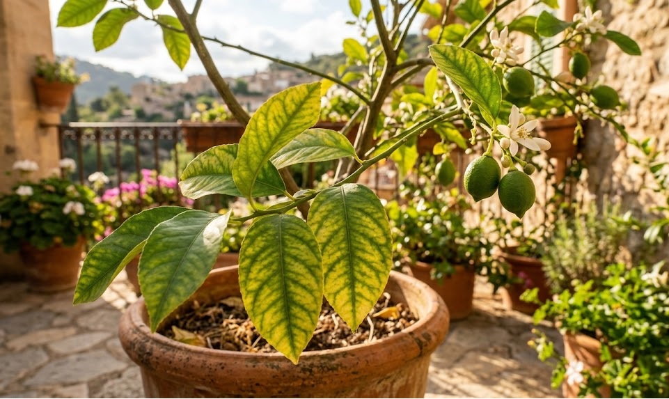 Un primo piano dettagliato di foglie di limone in vaso con i primi segni di ingiallimento, mentre sullo sfondo spuntano piccoli frutti verdi al sole di fine maggio.